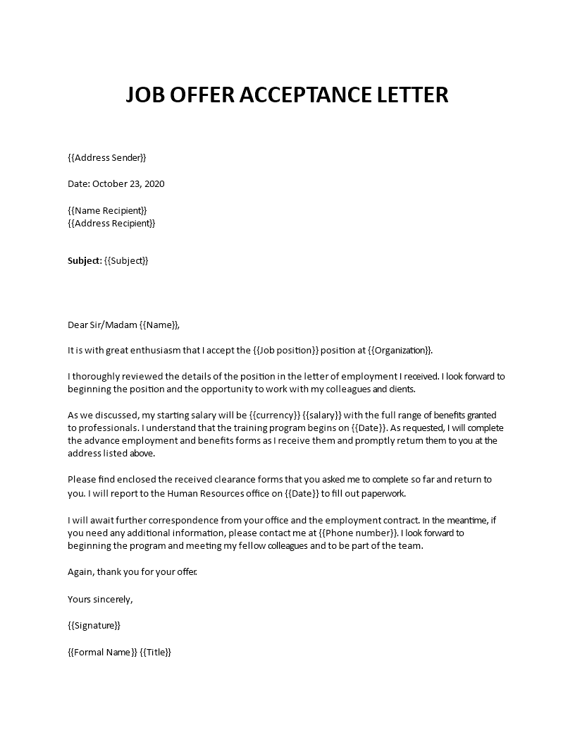 job offer acceptance letter sample template