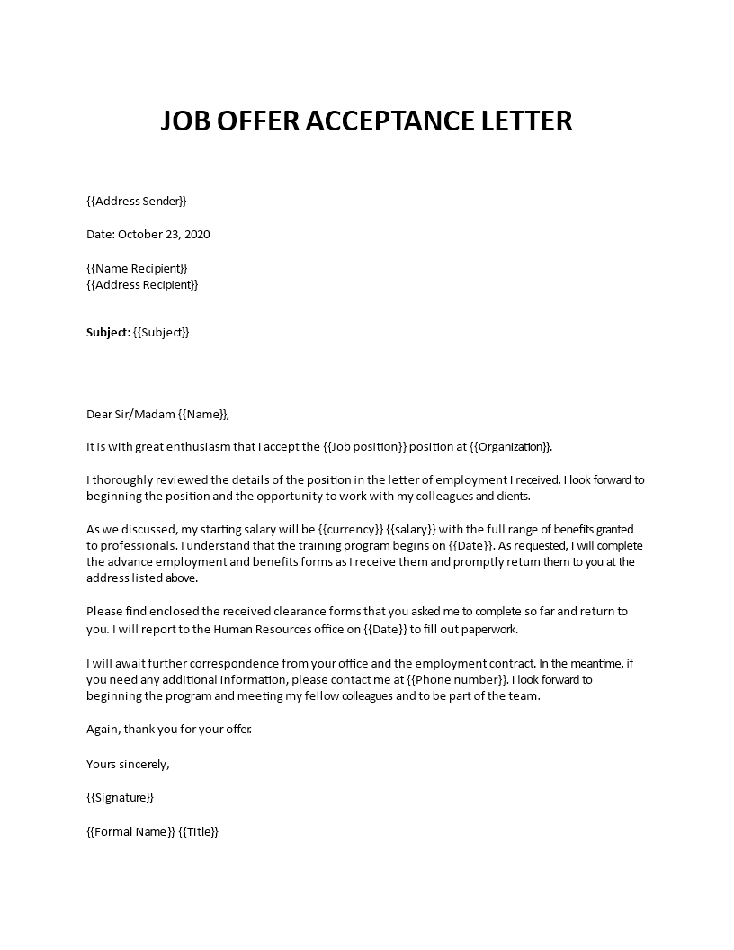 Job Offer Acceptance Letter sample