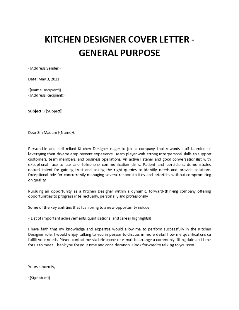 cover letter for kitchen designer without