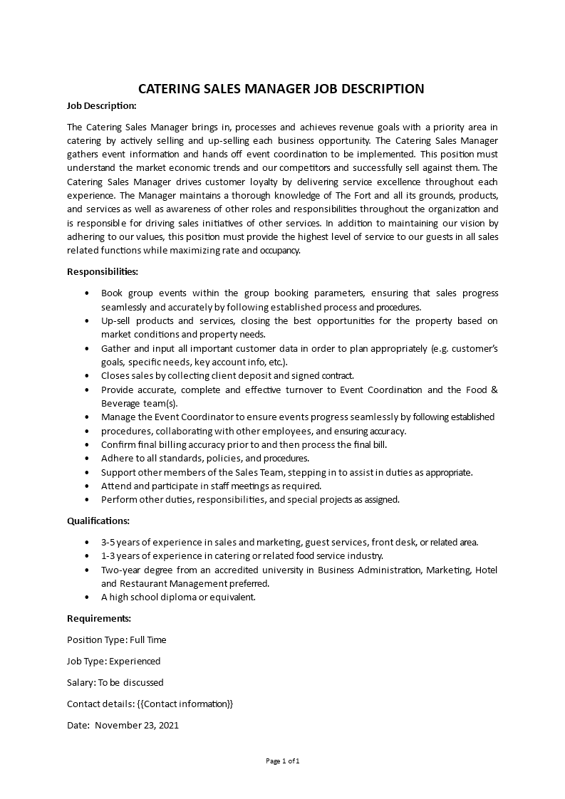 catering sales manager job description Main Image catering sales manager job description