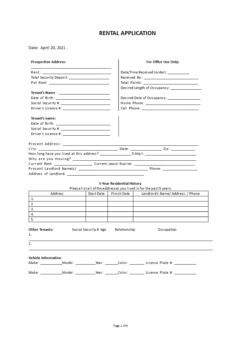 rental application form template