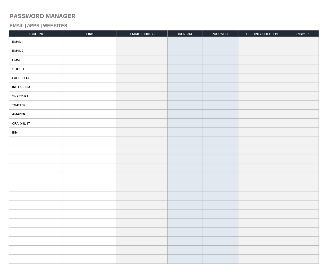 Password List Template - Organize Manager, Email, Websites, and Passwords