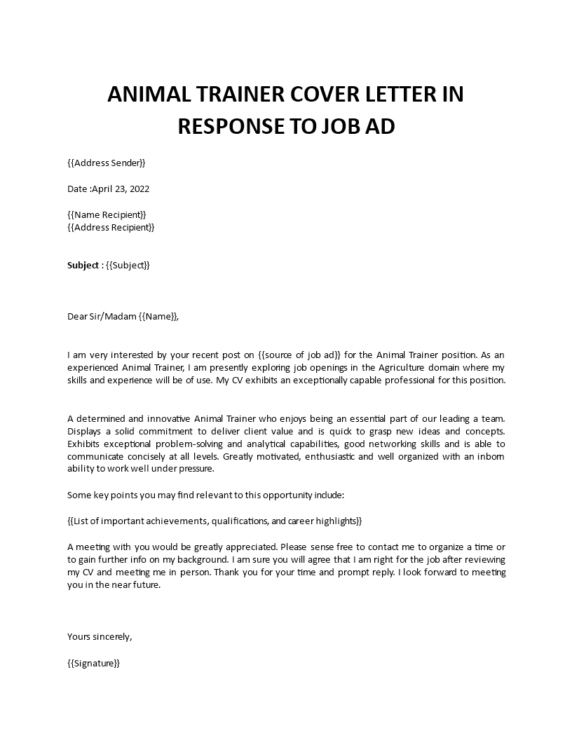 animal trainer cover letter sample