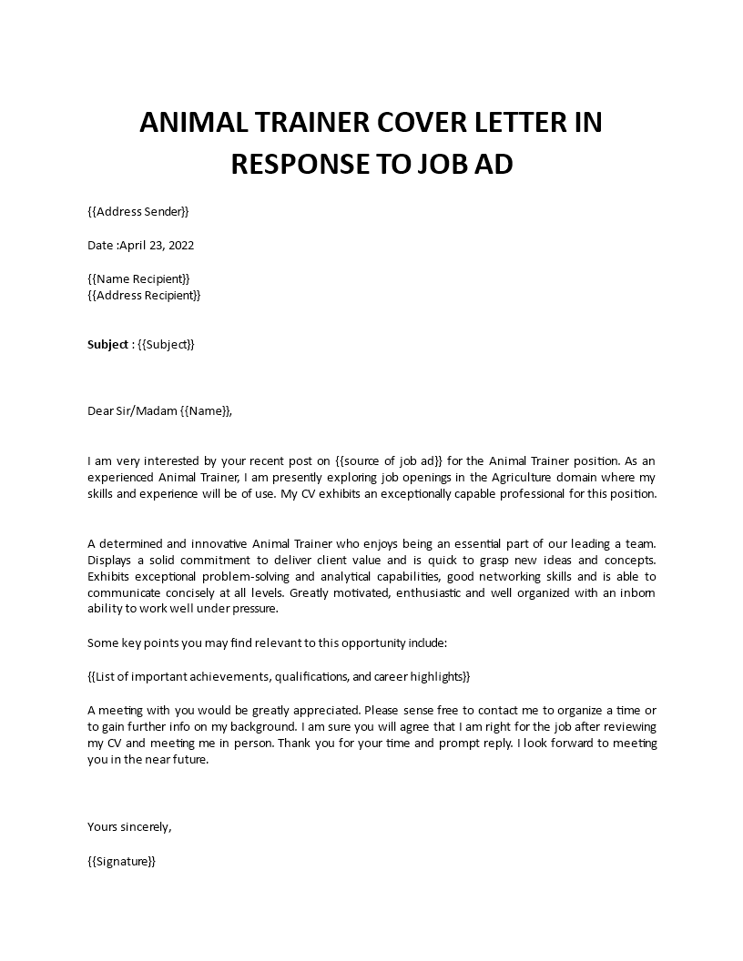 animal trainer cover letter sample Main Image animal trainer cover letter sample template