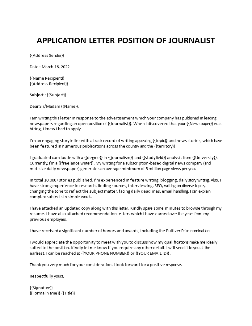 job application as a journalist sample