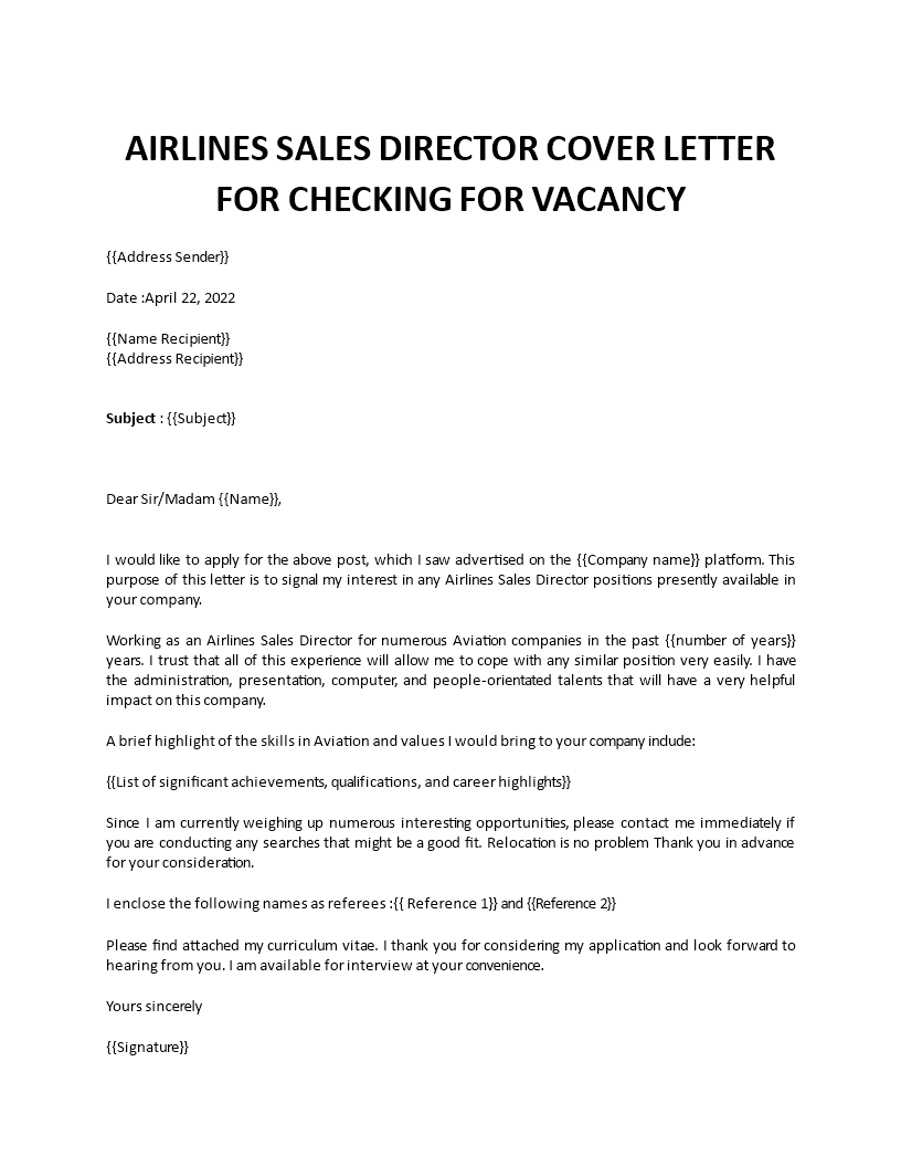 airlines sales director application letter