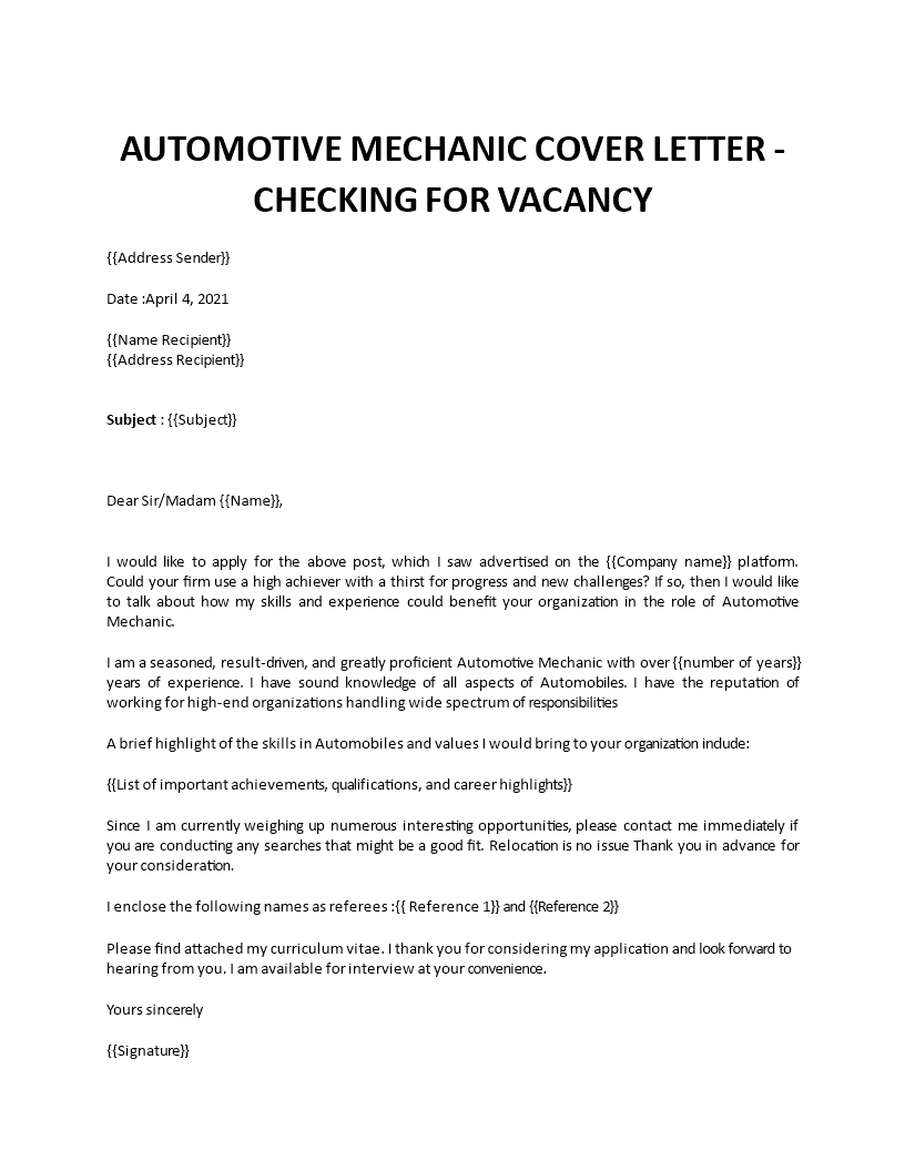 automotive mechanic cover letter