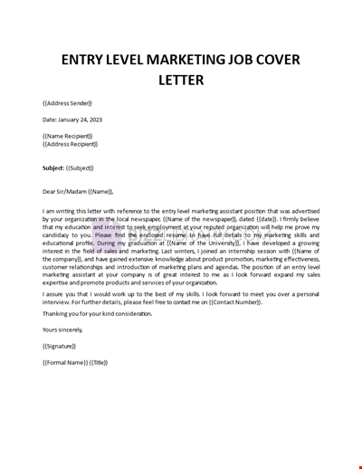 Entry Level Marketing Job Cover Letter