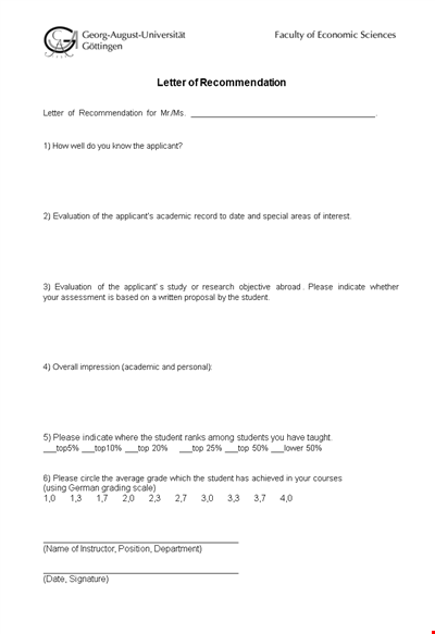 Template for Recommendation Letter From Teacher - Student Applicant