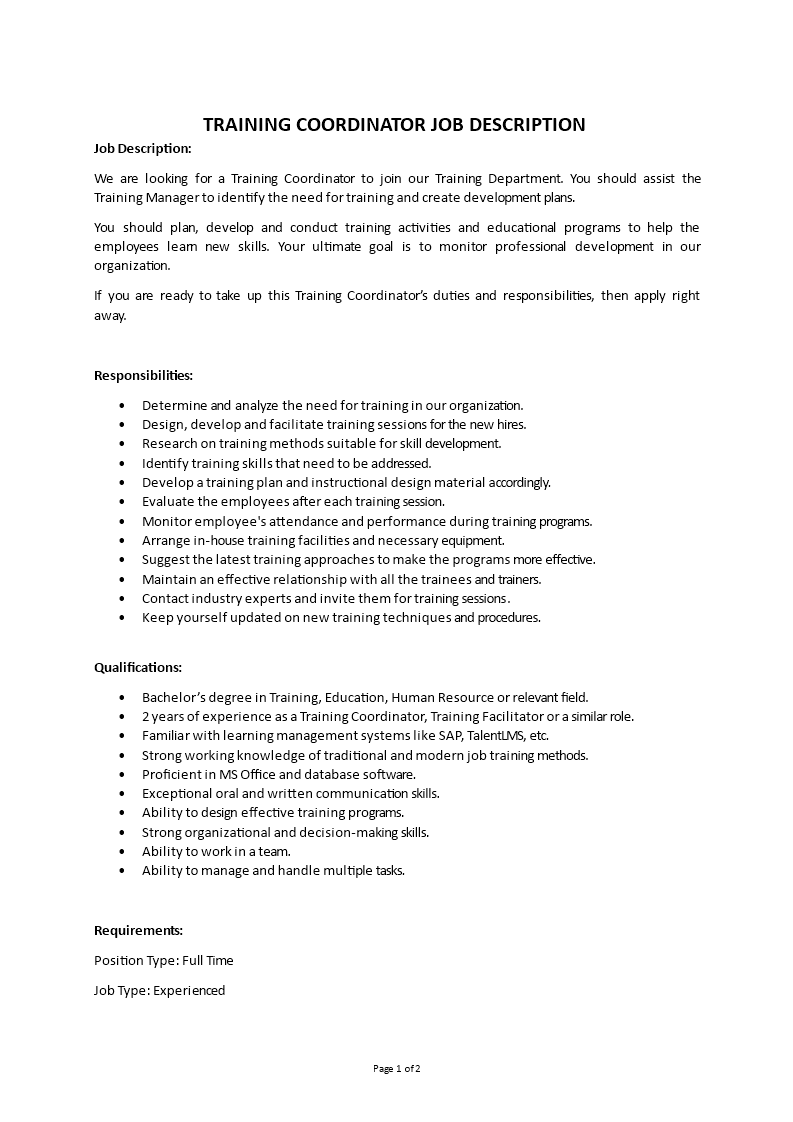 training coordinator job description Main Image training coordinator job description