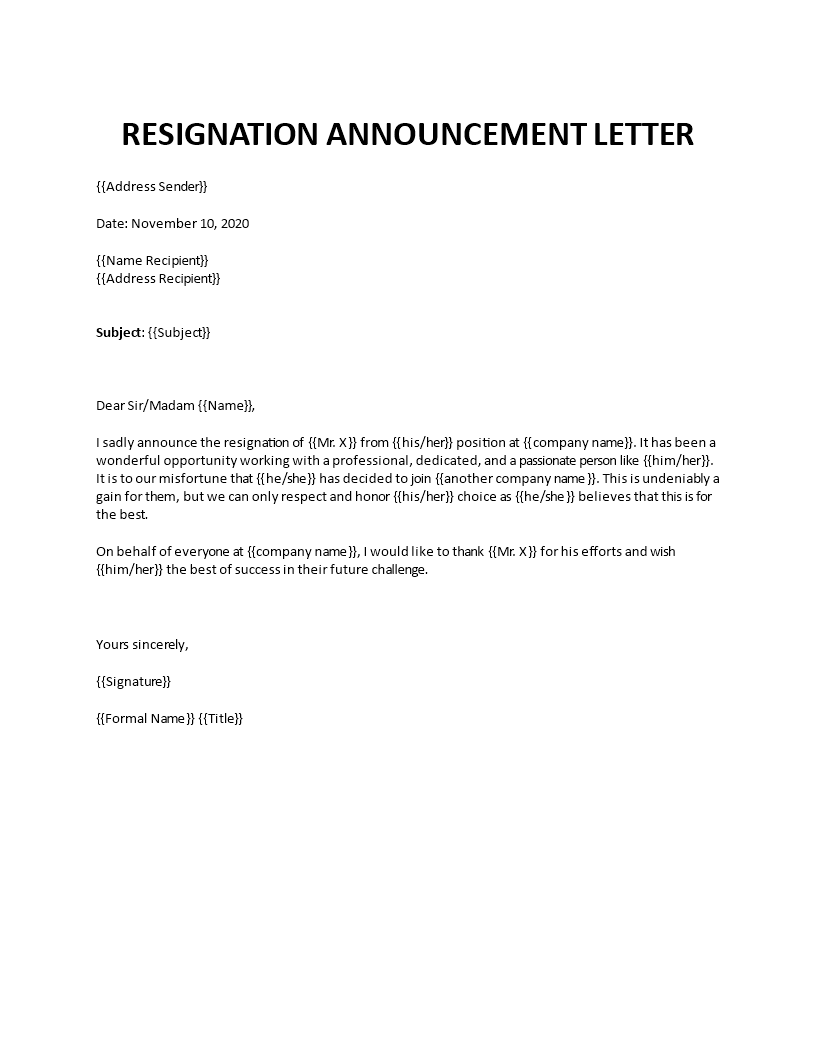 resignation email announcement template