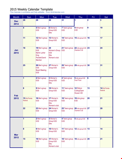 Weekly Calendar Template: Plan Your Week Efficiently for Group Activities, Women, and Teens