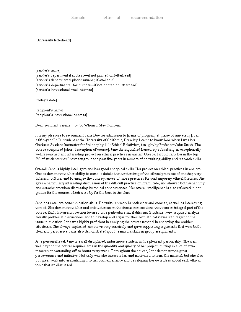 Sample student recommendation letter ethical sender