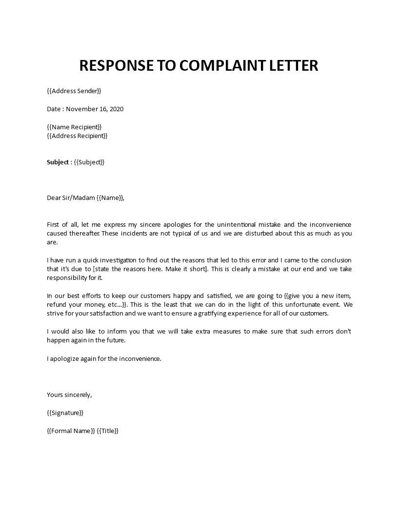 response to complaint letter