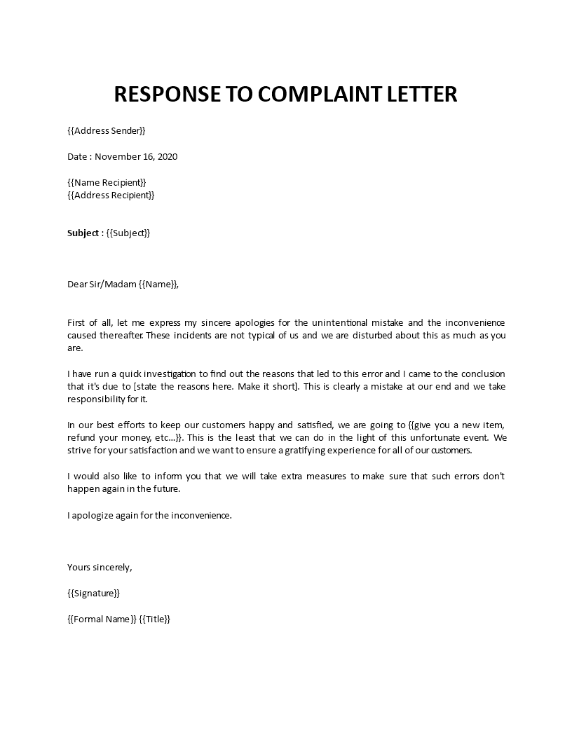 Response To Complaint Letter