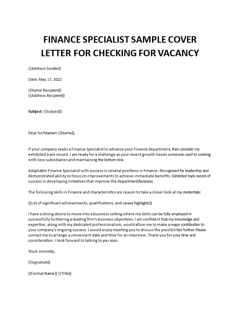 finance specialist sample cover letter