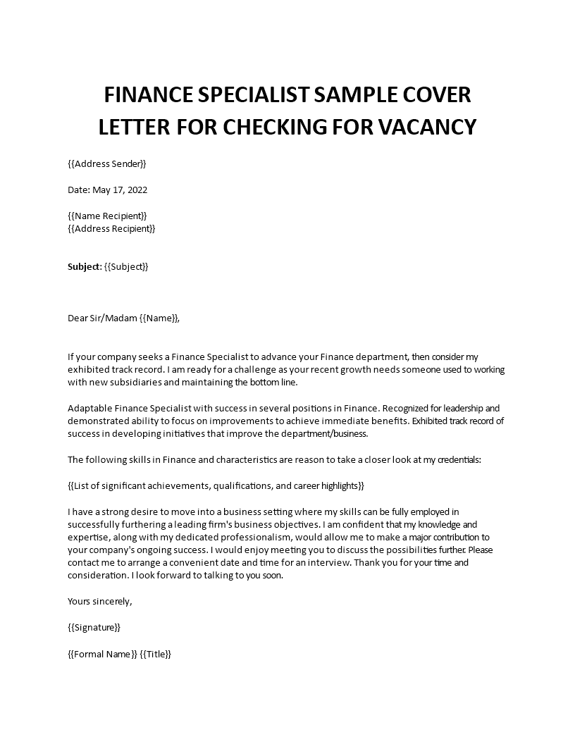 finance specialist sample cover letter Main Image finance specialist sample cover letter template