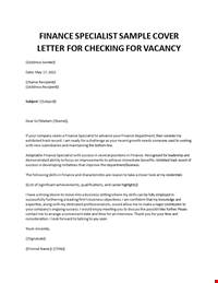 Finance Specialist sample cover letter