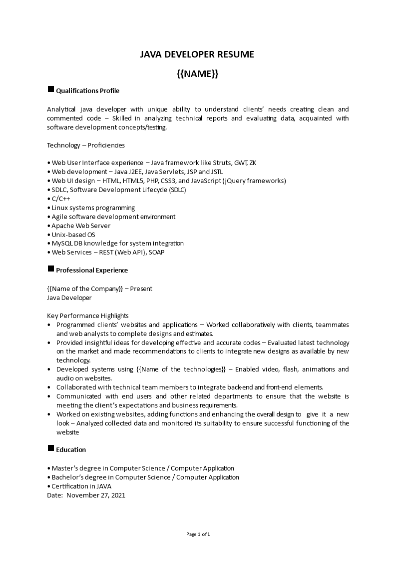java developer resume