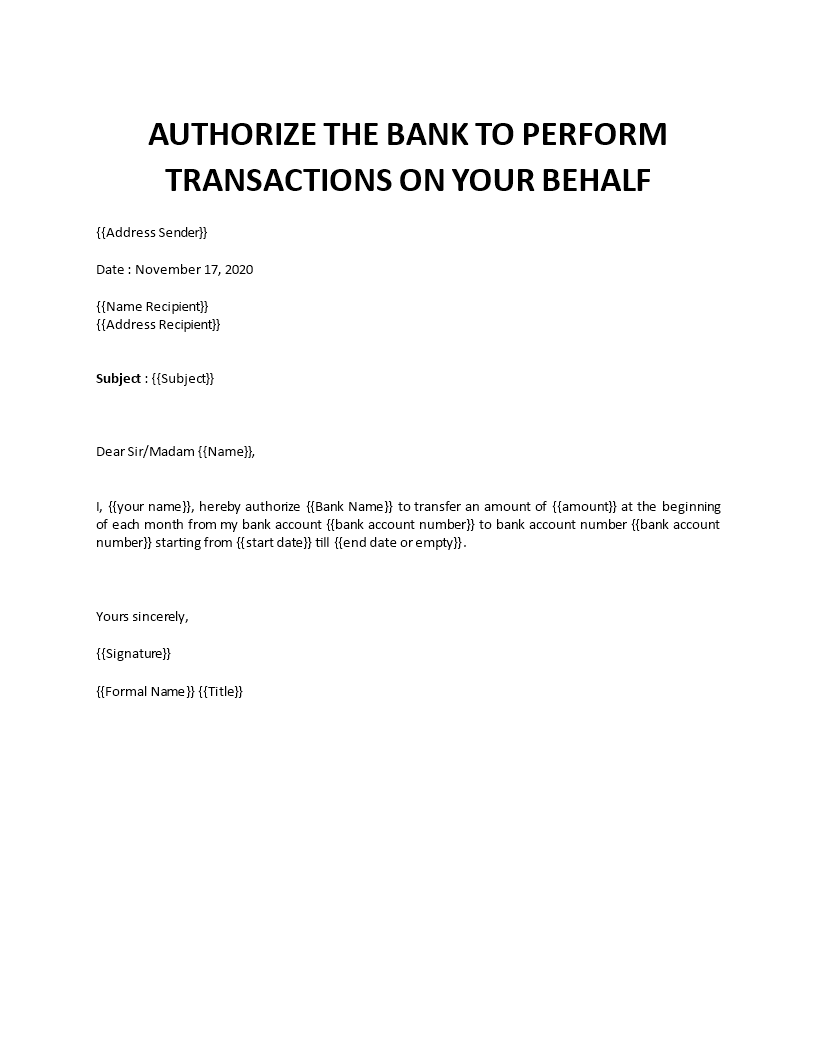 bank authorization letter to perform transaction template