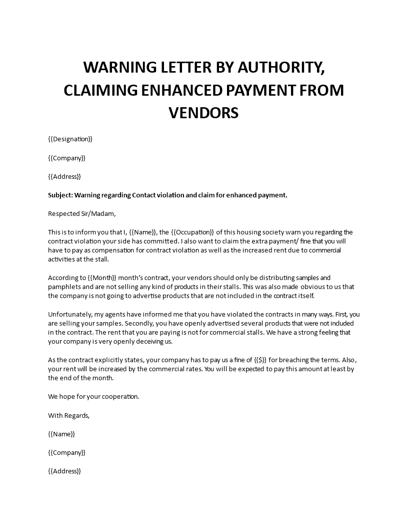 warning letter by authority,claiming enhanced payment from vendors