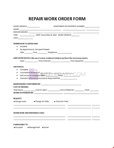 Editable Repair Work Order Template