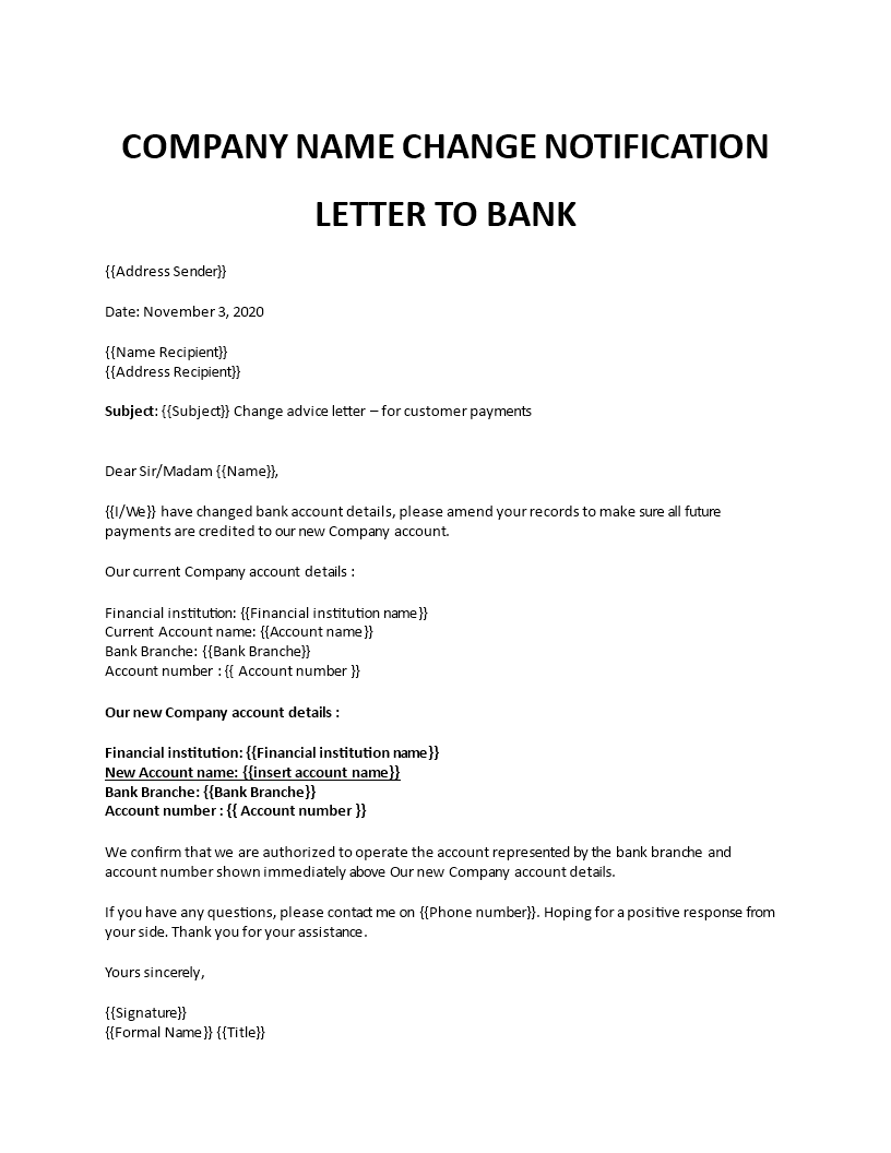 Company Name Change Letter To Bank