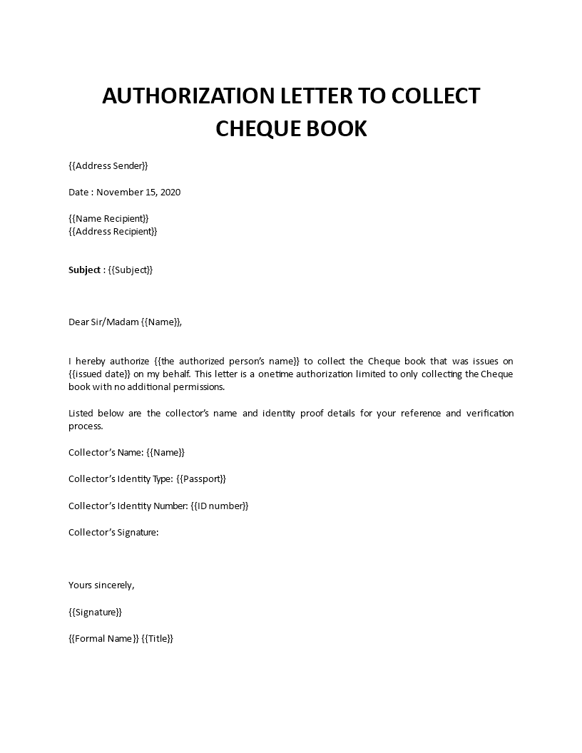 bank authorization letter to collect cheque book