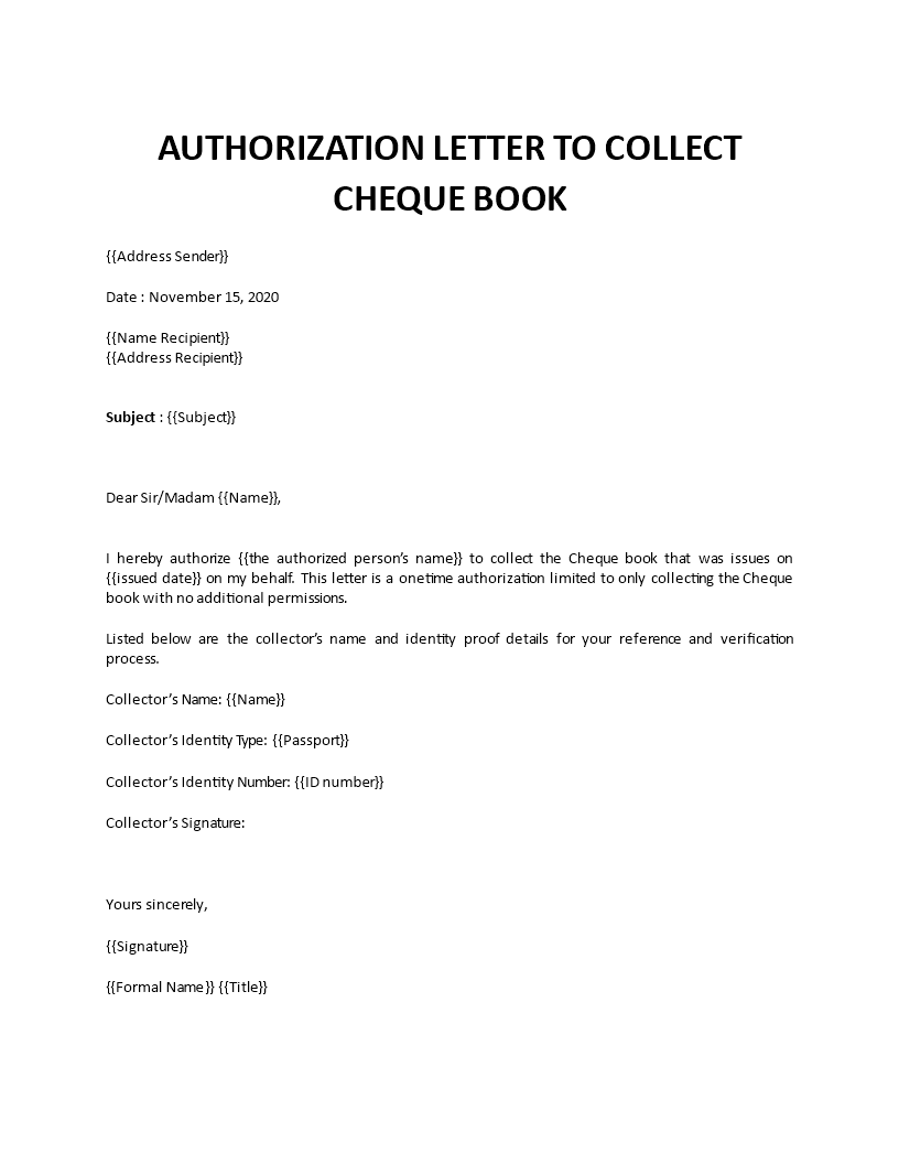 Bank Authorization Letter to collect Cheque book