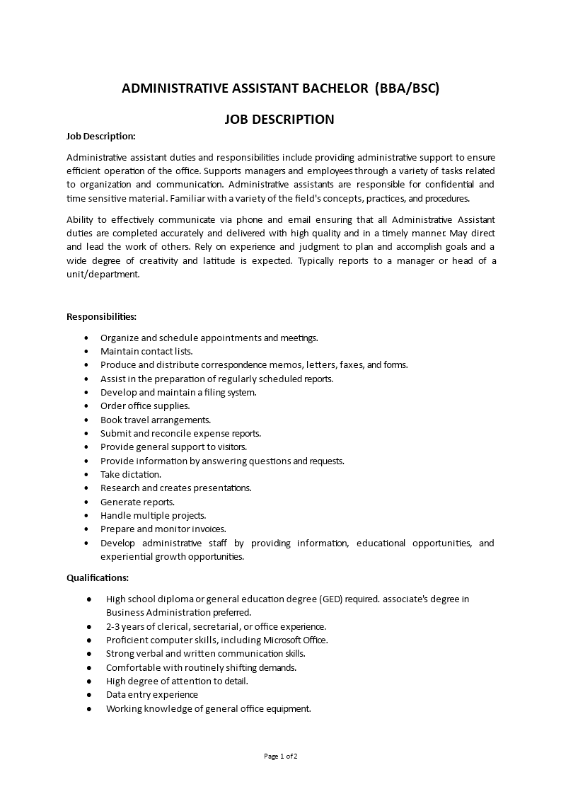 administrative assistant bachelors degree job description