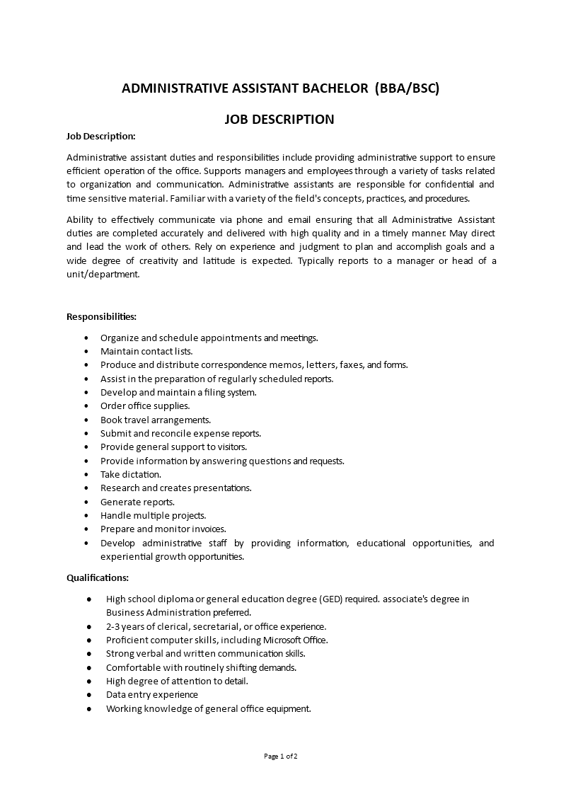administrative assistant bachelors degree job description Main Image administrative assistant bachelors degree job description template