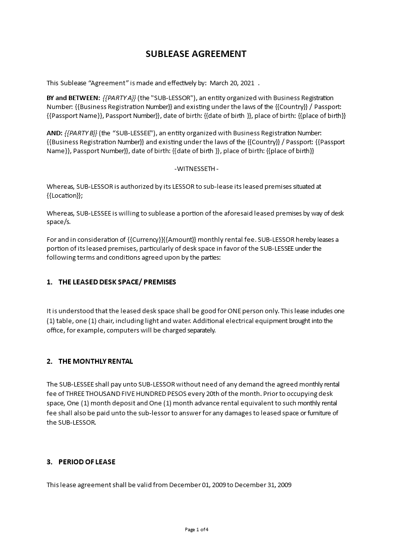 Sublease Agreement template