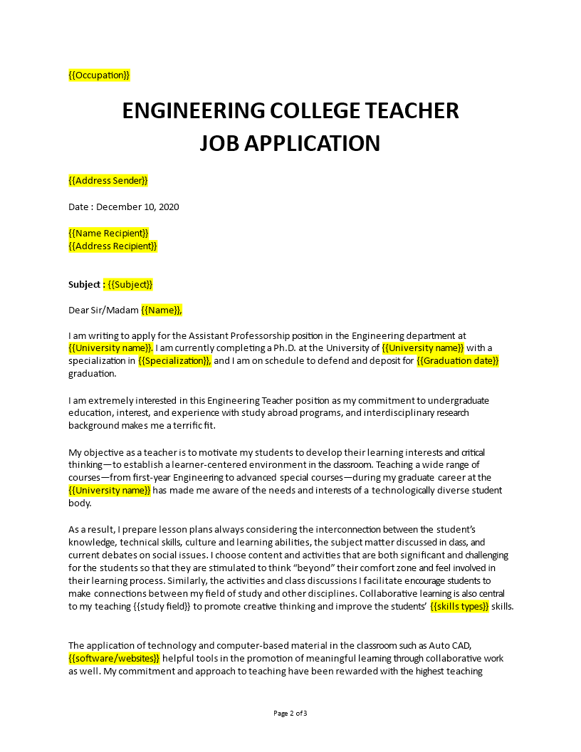 teacher job application for engineering college template