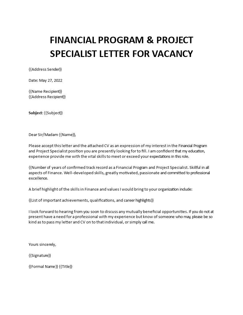 financial project specialist cover letter Main Image financial project specialist cover letter