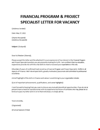 Financial Project Specialist cover letter