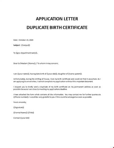Application Duplicate Birth Certificate Letter