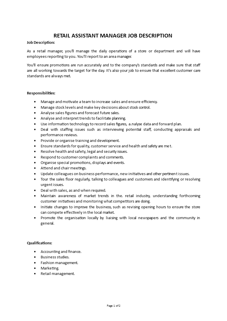 retail assistant manager job description Main Image retail assistant manager job description template