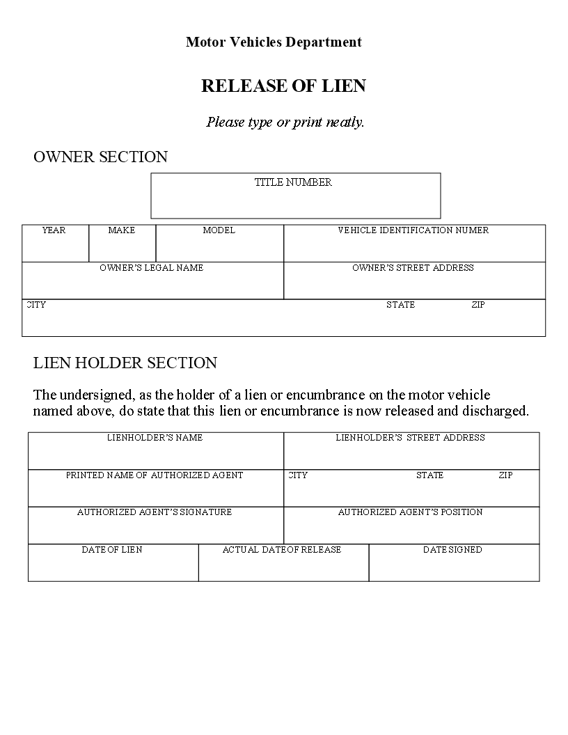 vehicle lien release form Main Image vehicle lien release form template