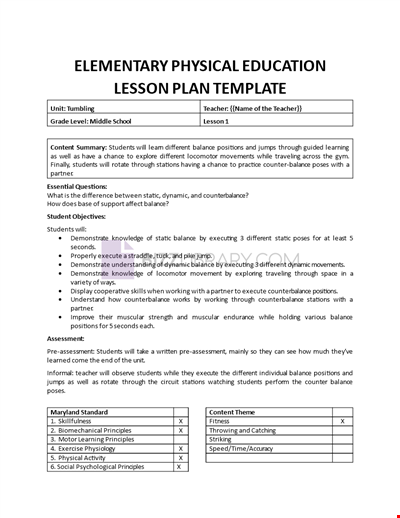 Lesson Plan Template for PE in Elementary School