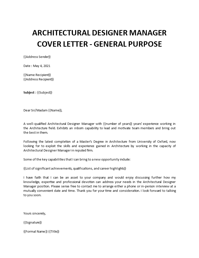 Architectural Designer Manager cover letter