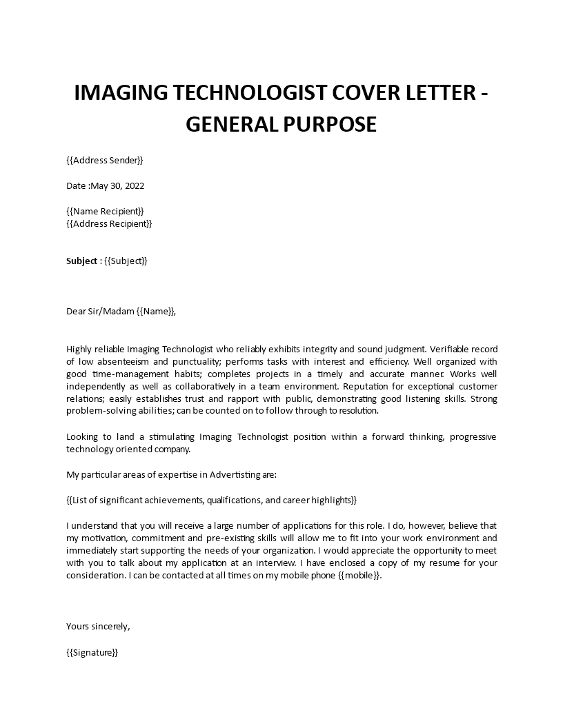 imaging technologist cover letter
