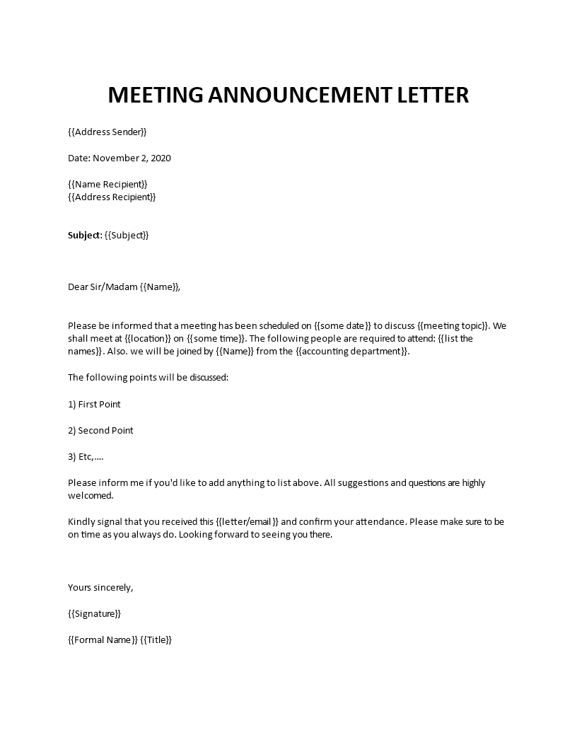 Meeting announcement letter Pertaining To Meeting Notice Template