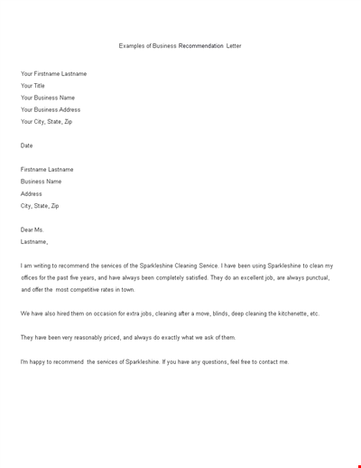 Recommendation Business Letter Example | Professional Cleaning Services | SparkleShine