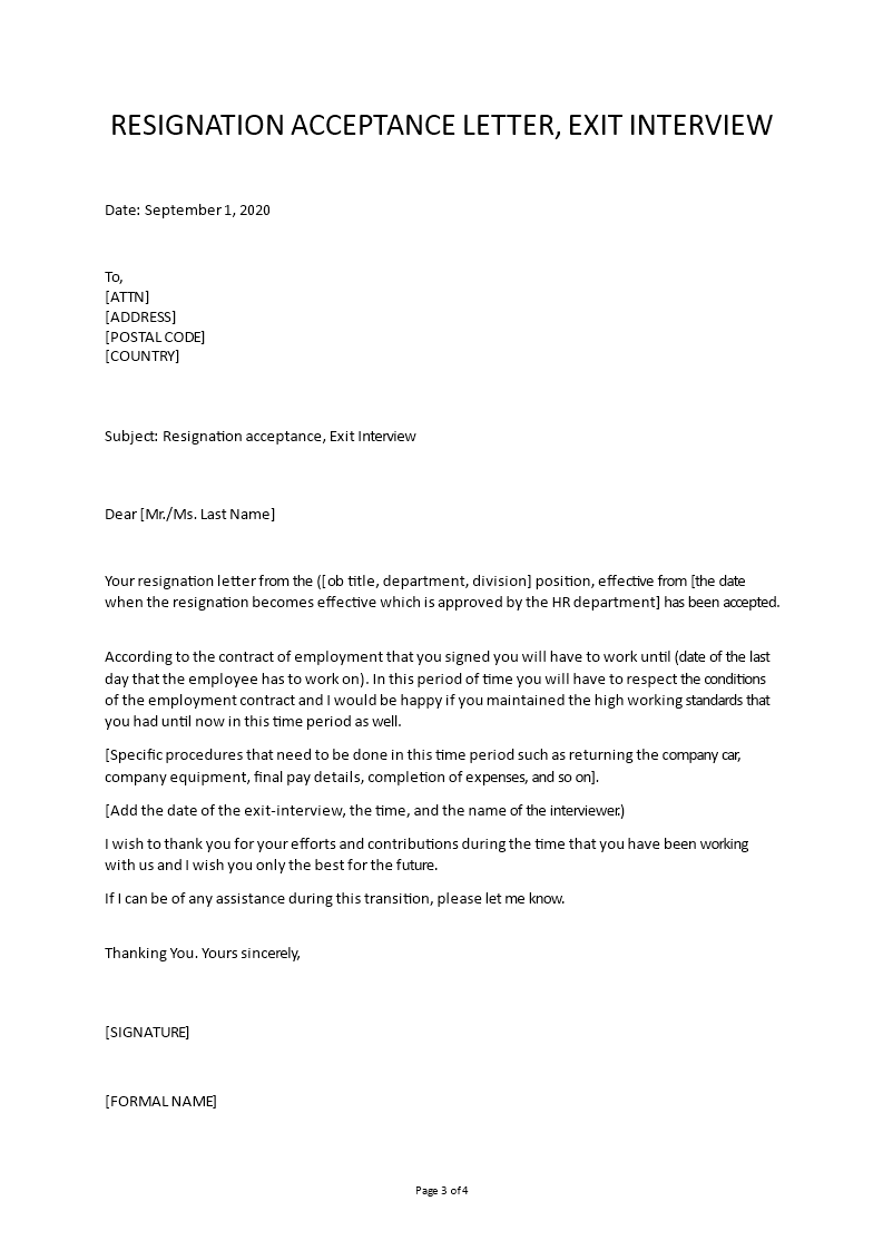 employee acceptance of resignation letter