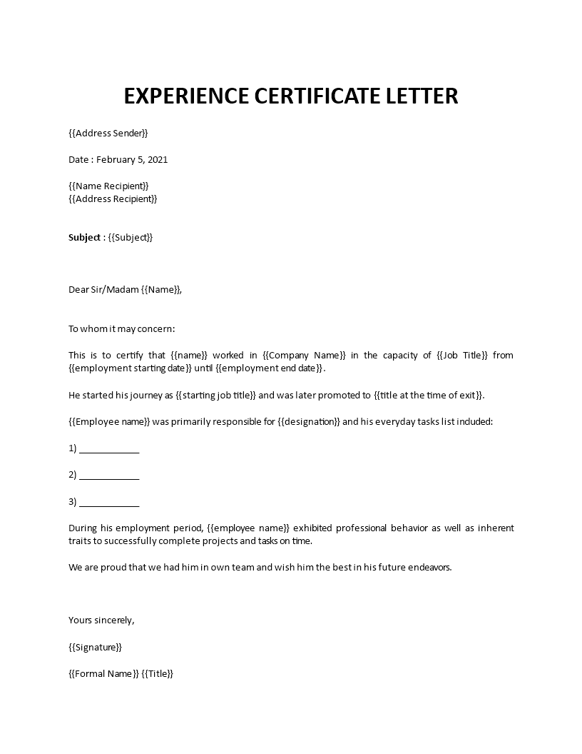 Experience Certificate Letter Regarding Template Of Experience Certificate