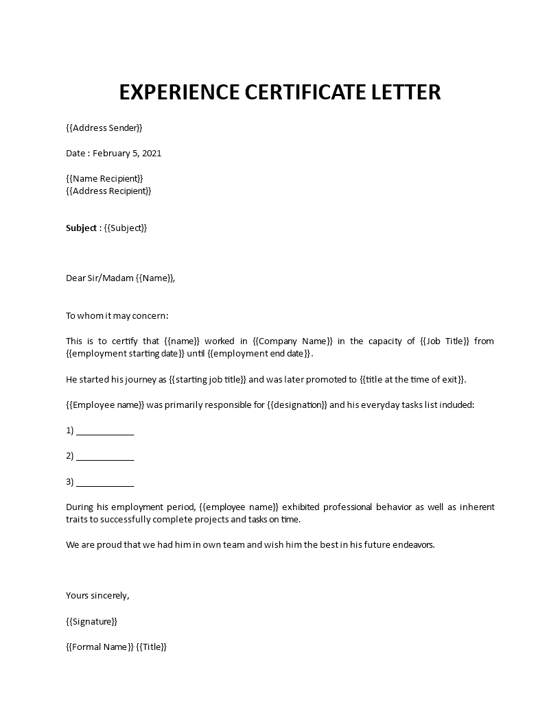 application letter for issuing experience certificate