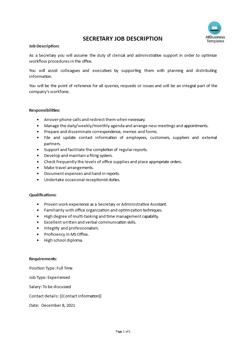 secretary job description Main Image secretary job description