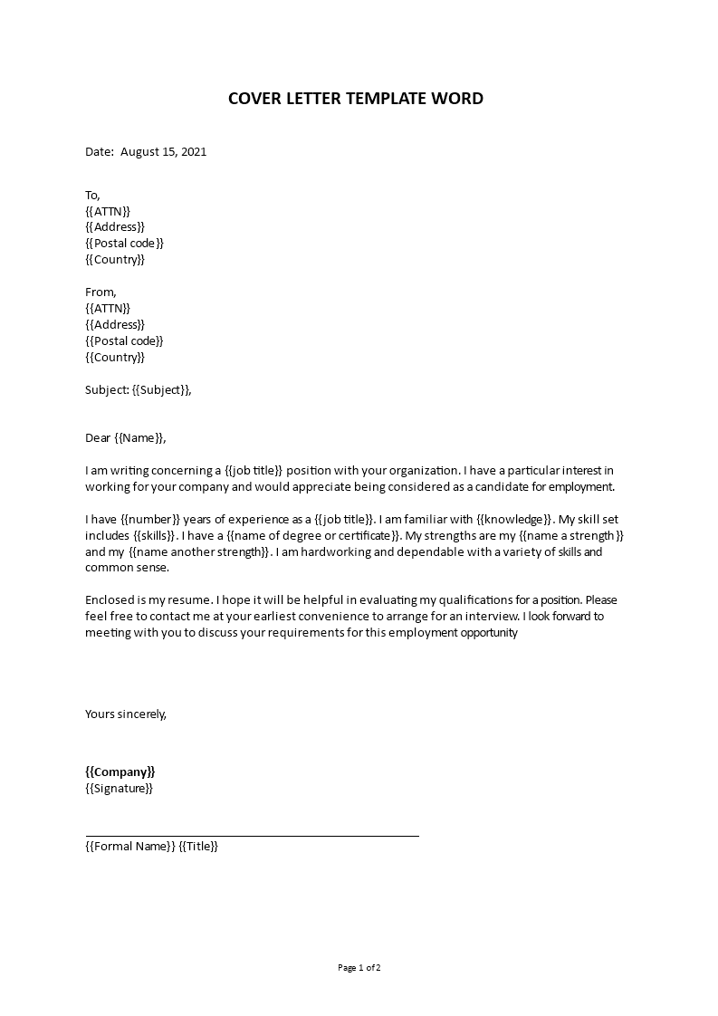 cover letter template word template