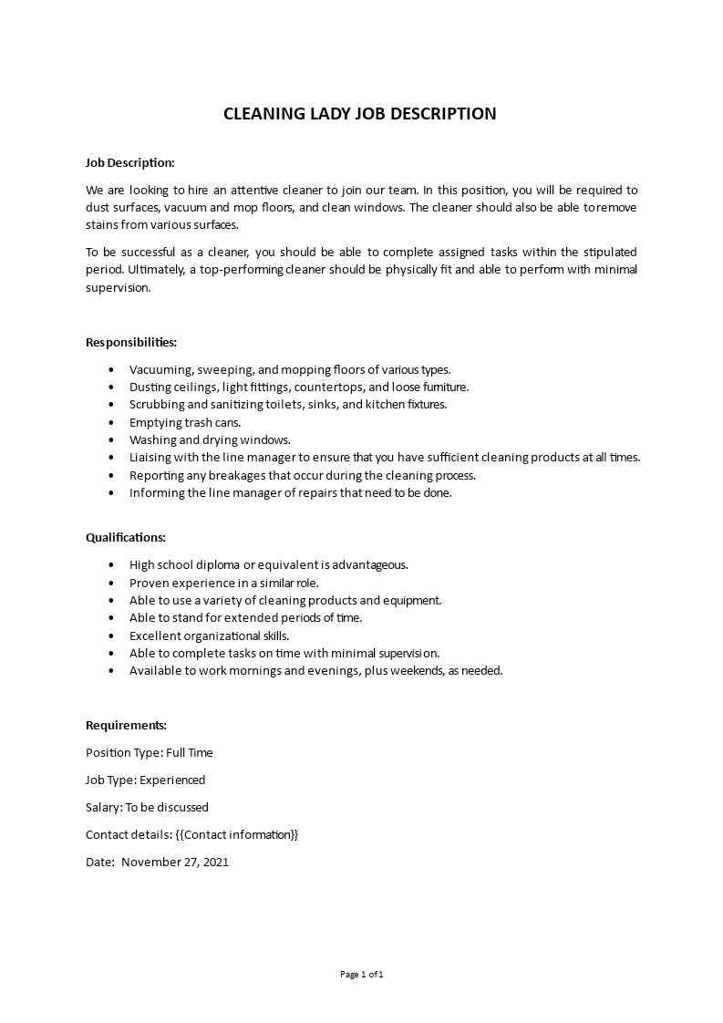 cleaning lady job description Main Image cleaning lady job description