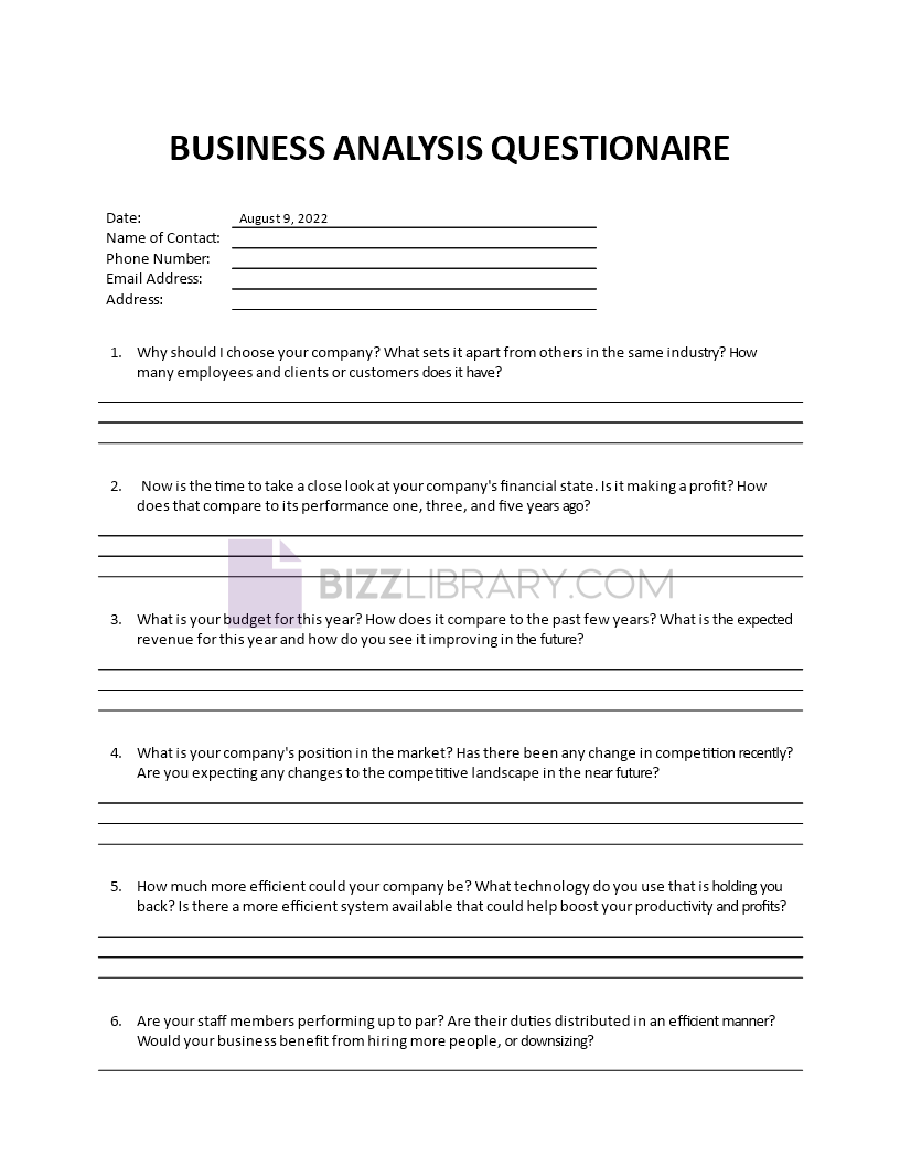 business analysis questionnaire